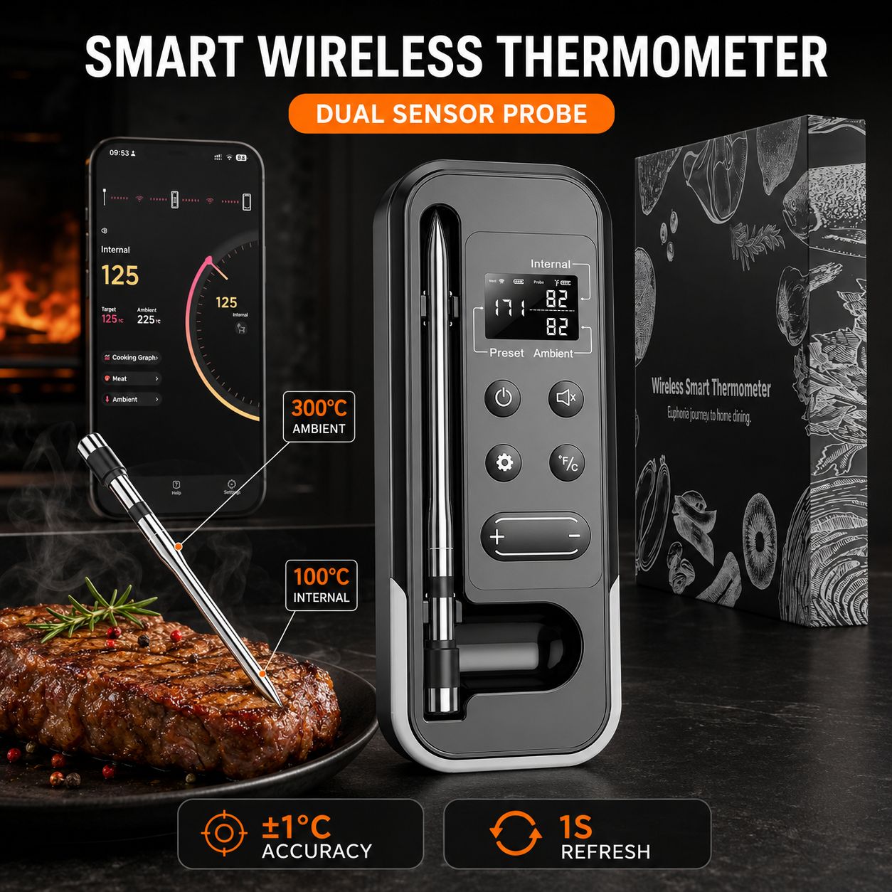 Meat Thermometer - Kablosuz Bluetooth Et Termometresi, Akıllı Uygulama,